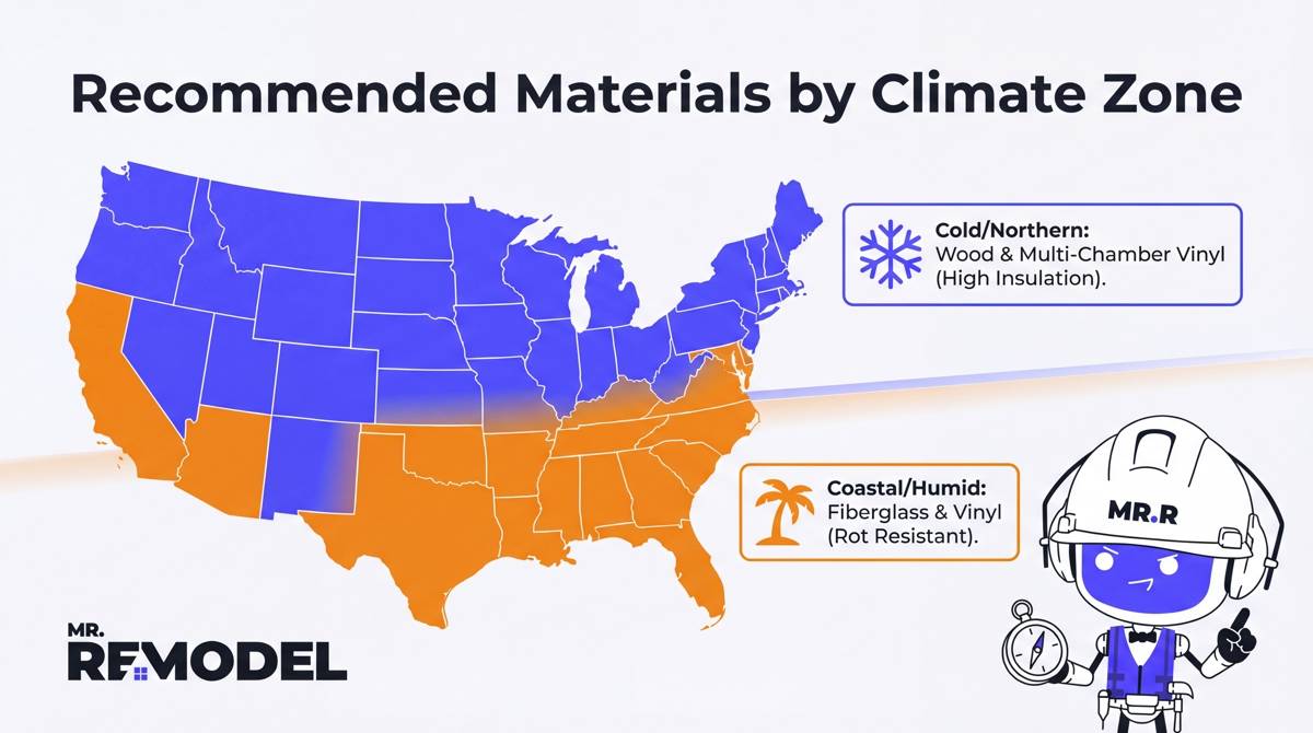 A map-based infographic recommending window frame materials based on US climate zones, suggesting rot-resistant options for coastal areas and high-insulation options for cold regions.